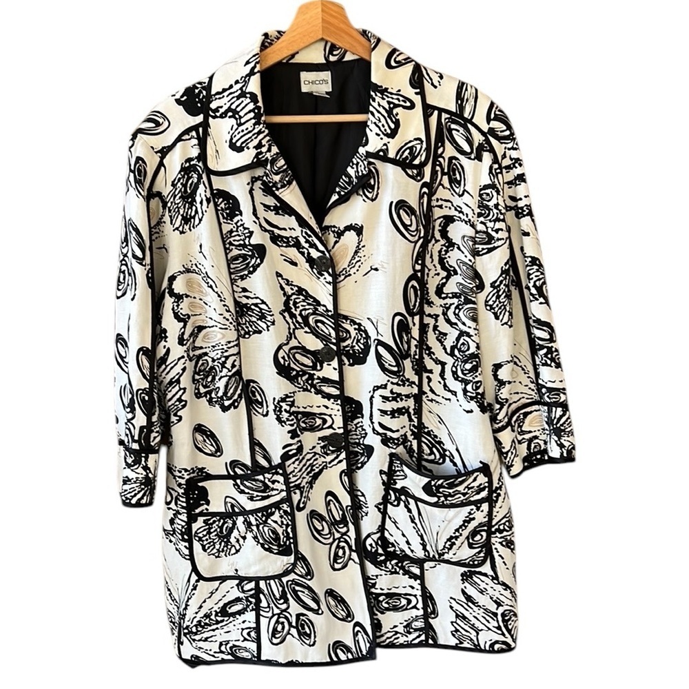 Chico’s XL Linen Blend Black Cream Abstract Floral Long Line Jacket 3/4 Sleeve